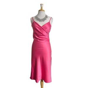Hot Pink Satin Slip Midi Dress Spaghetti Strap Cocktail Party Formal Gown Sz S
